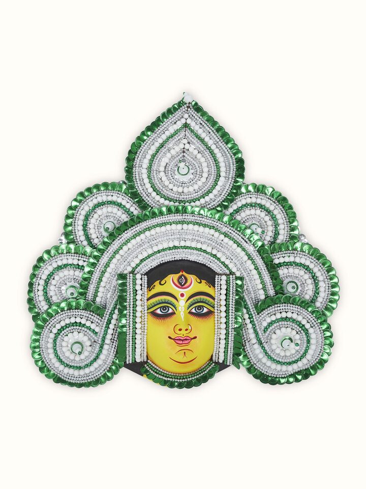 Front view of green chhau clay and paper goddess Durga wall mask highlighting its vibrant colors.