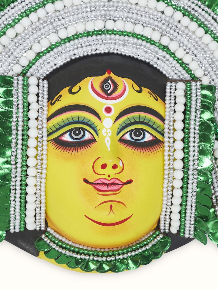 Detailed view of green chhau clay and paper goddess Durga wall mask showcasing its artistic design.