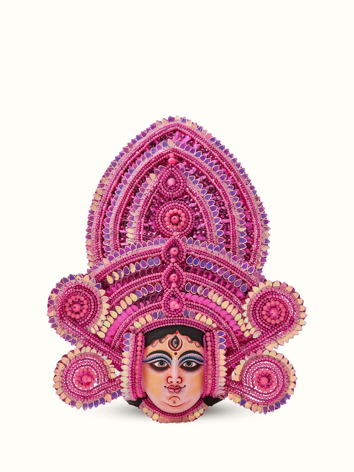 Front view of Chhau Clay & Paper Goddess Wall Mask, showcasing the intricate hand-painted features and vibrant traditional craftsmanship.