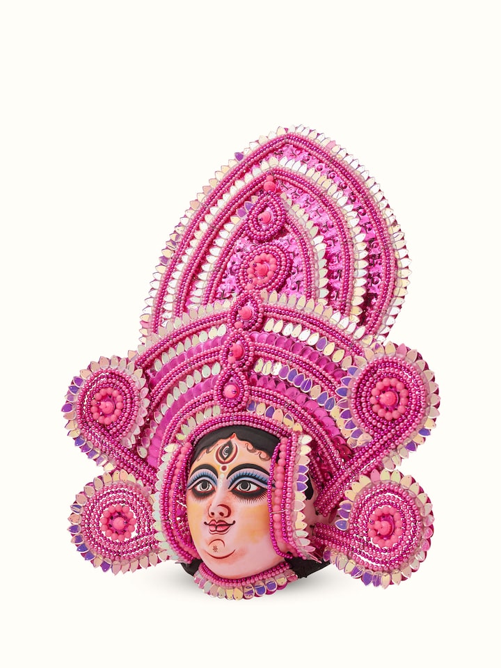 Angled view of Chhau Clay & Paper Goddess Wall Mask, emphasizing the dimensional clay detailing and expressive facial design.