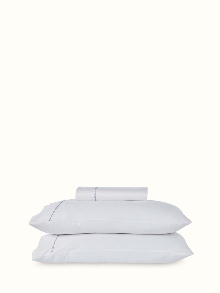 Parvat blue stripe cotton king bedsheet set with hand embroidery, showcasing the full design