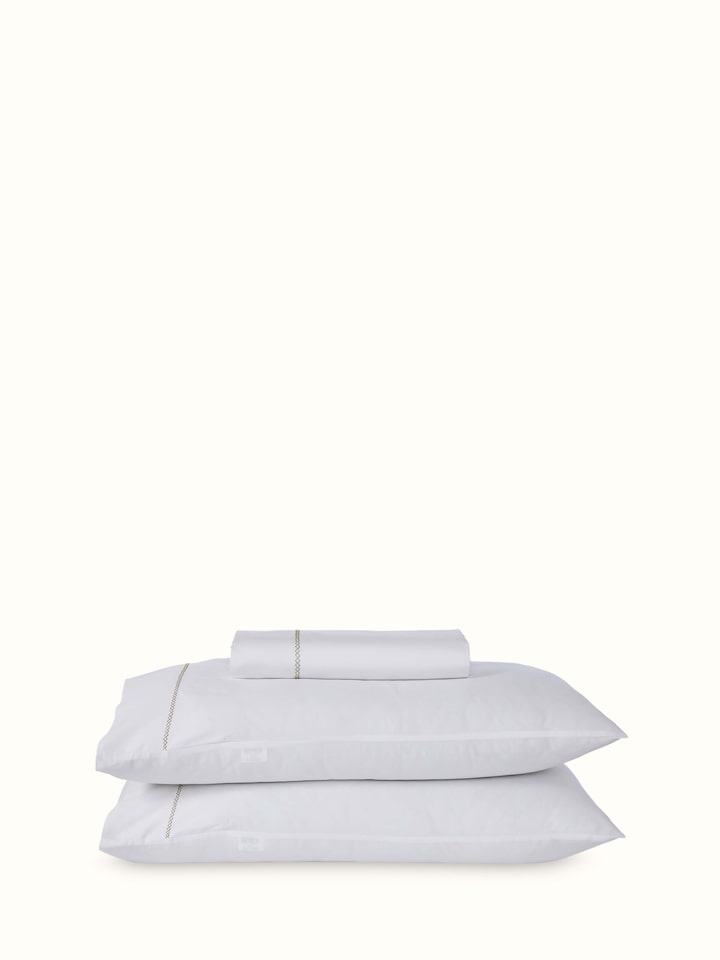 Parvat beige stripe cotton hand embroidered bedsheet king set showing a detailed view of the beige striped design and hand embroidery.