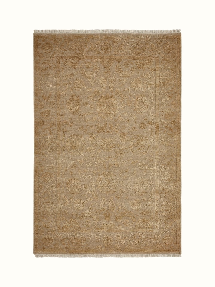 Distressed Transitional Beige Gold Agra Wool & Viscose Hand-knotted Rug