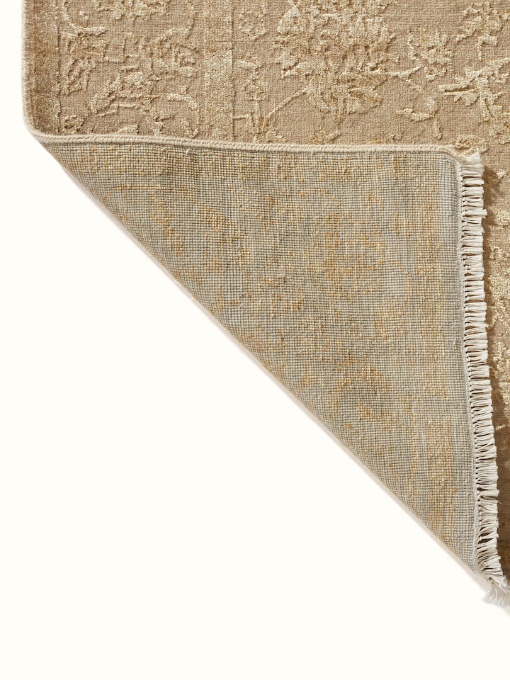 Back Side view of Distressed Transitional Beige Gold Agra Wool & Viscose Hand-Knotted Rug focusing on the textured surface and rich colors.