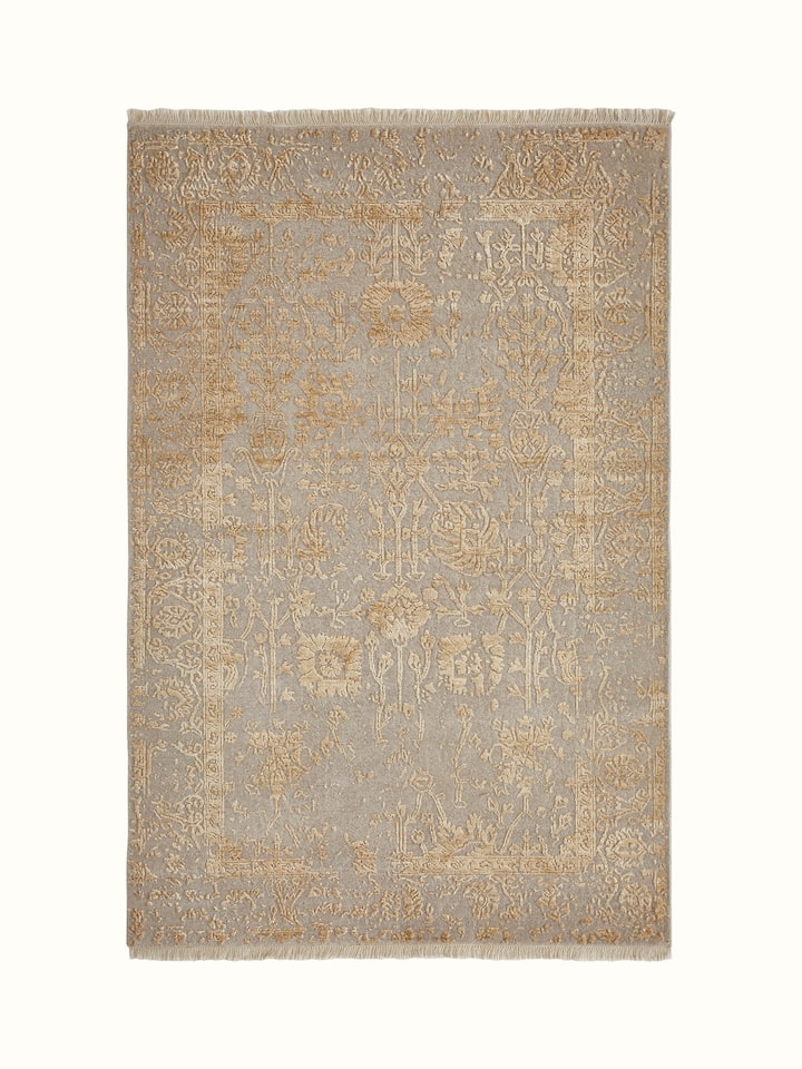 Full view of Distressed Transitional Beige Agra Wool & Viscose Hand-Knotted Rug, featuring a beige distressed pattern and texture.