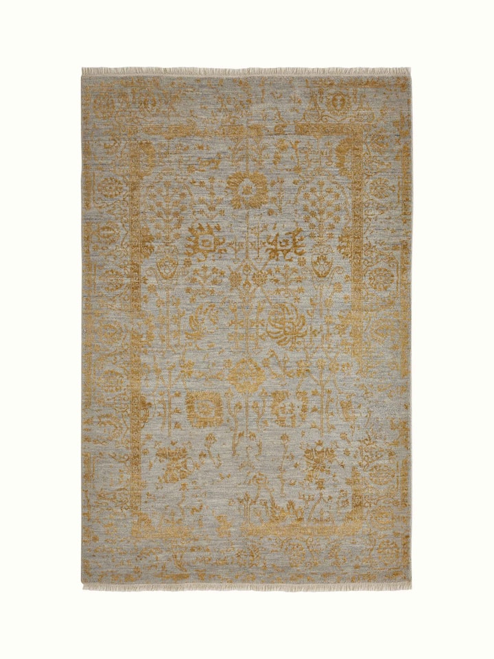 Distressed Transitional Grey Gold Agra Wool & Viscose Hand-Knotted Rug