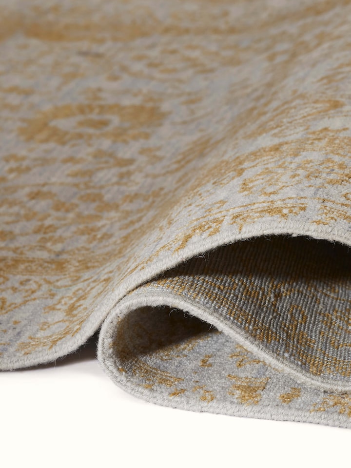 Distressed Transitional Grey Gold Agra Wool & Viscose Hand-Knotted Rug