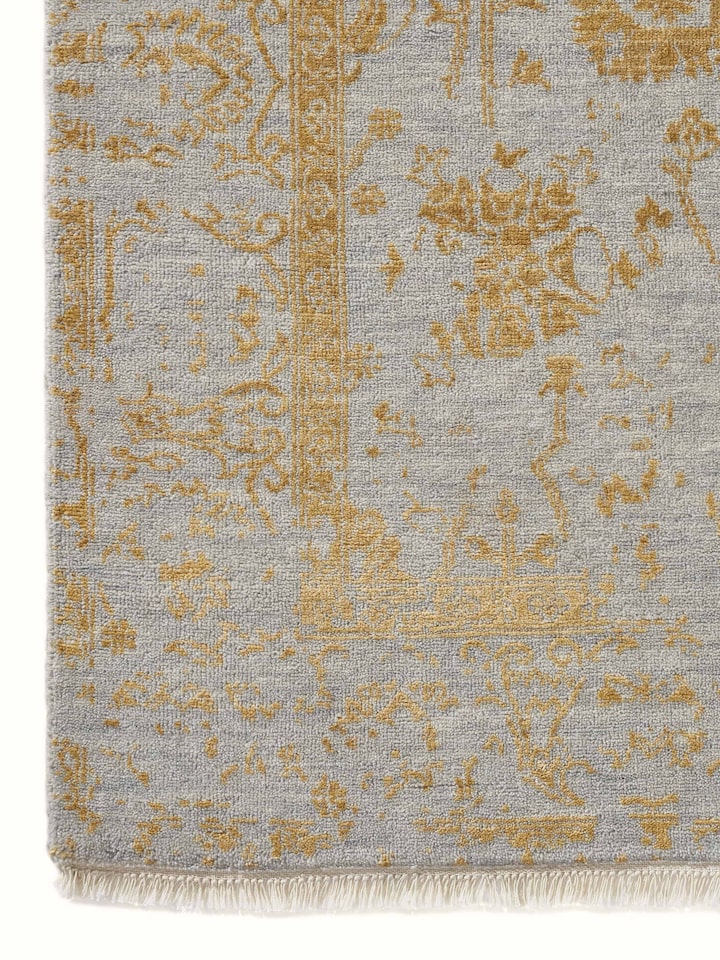 Distressed Transitional Grey Gold Agra Wool & Viscose Hand-Knotted Rug
