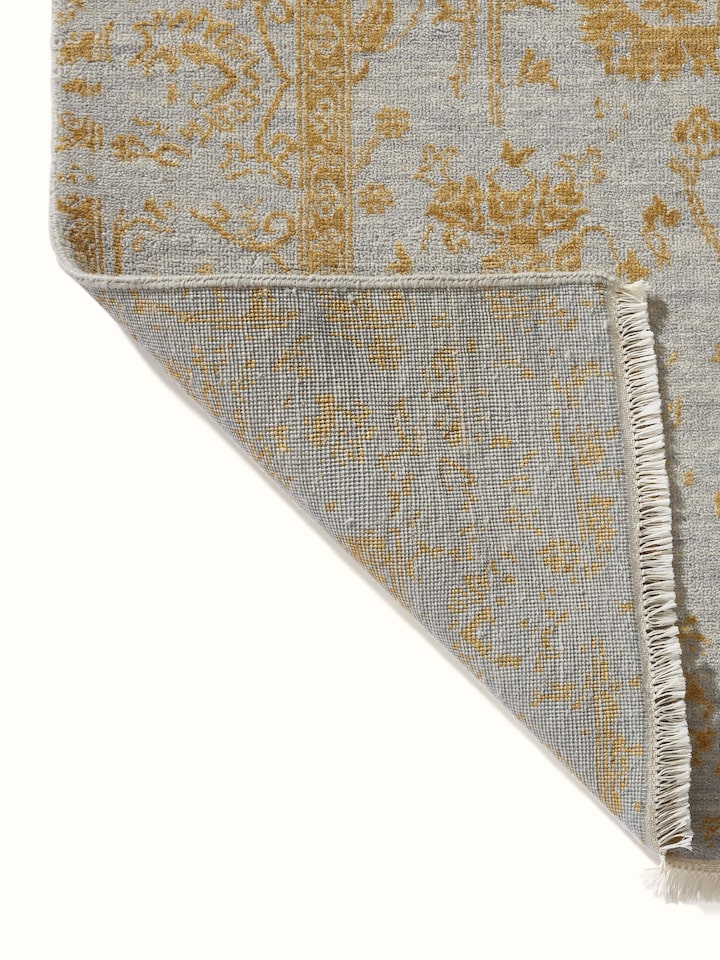 Distressed Transitional Grey Gold Agra Wool & Viscose Hand-Knotted Rug