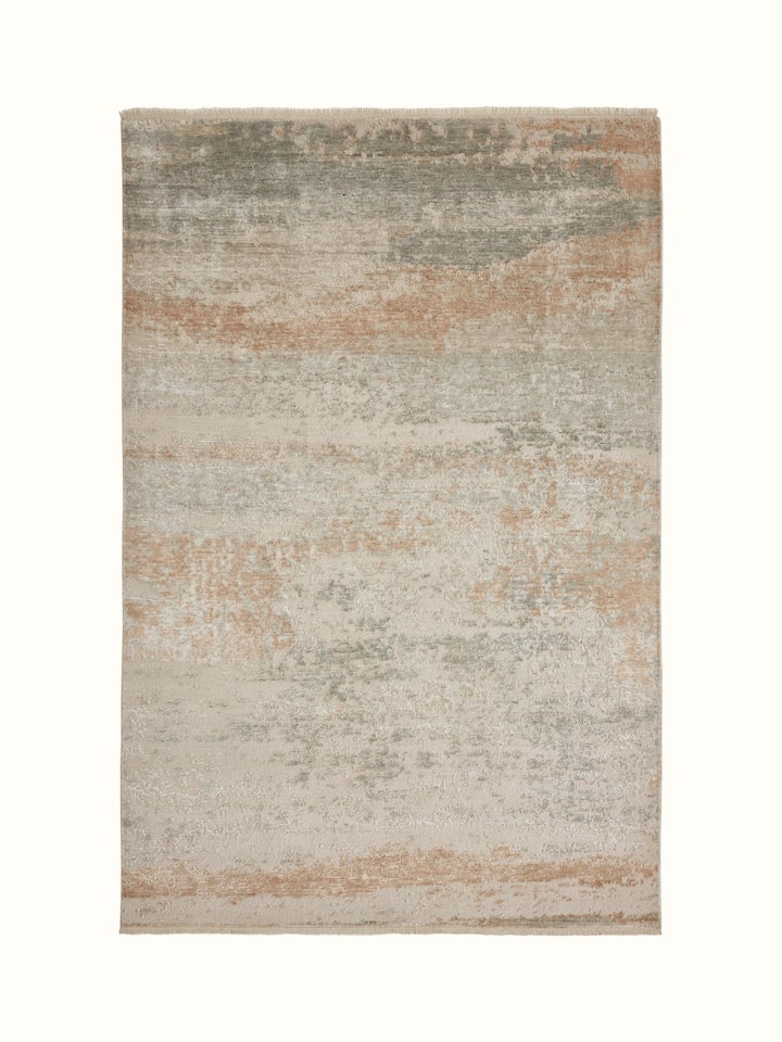 Abstract modern grey beige Agra wool and viscose hand-knotted carpet front display