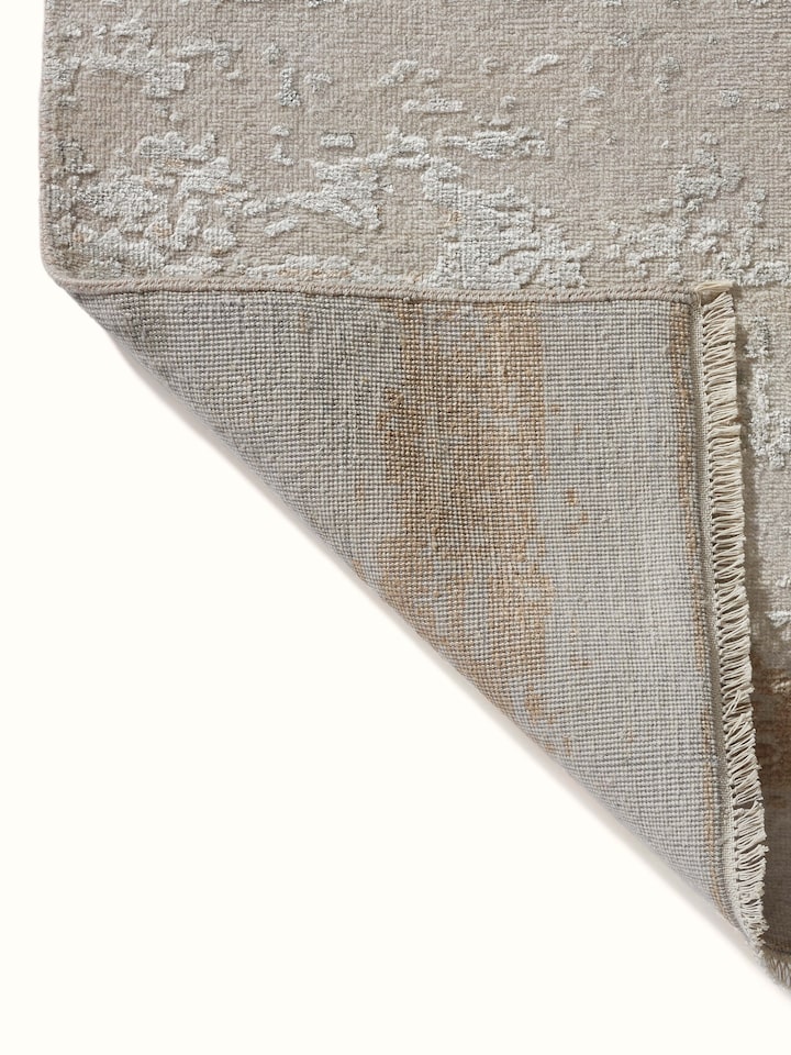 Back side of grey beige modern abstract Agra wool and viscose rug