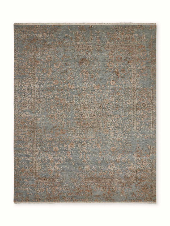 Front view of Distressed Transitional Grey Copper Agra Wool & Viscose Hand-knotted Carpet showing the full rug and pattern layout