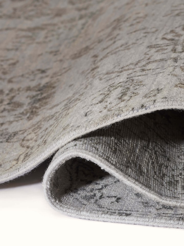 Full view of distressed transitional grey charcoal Agra wool & viscose hand-knotted runner showing design.