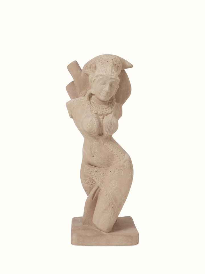 Front view of Graceful carved stone shilabalika sculpture showcasing the intricate stone carvings and elegant posture