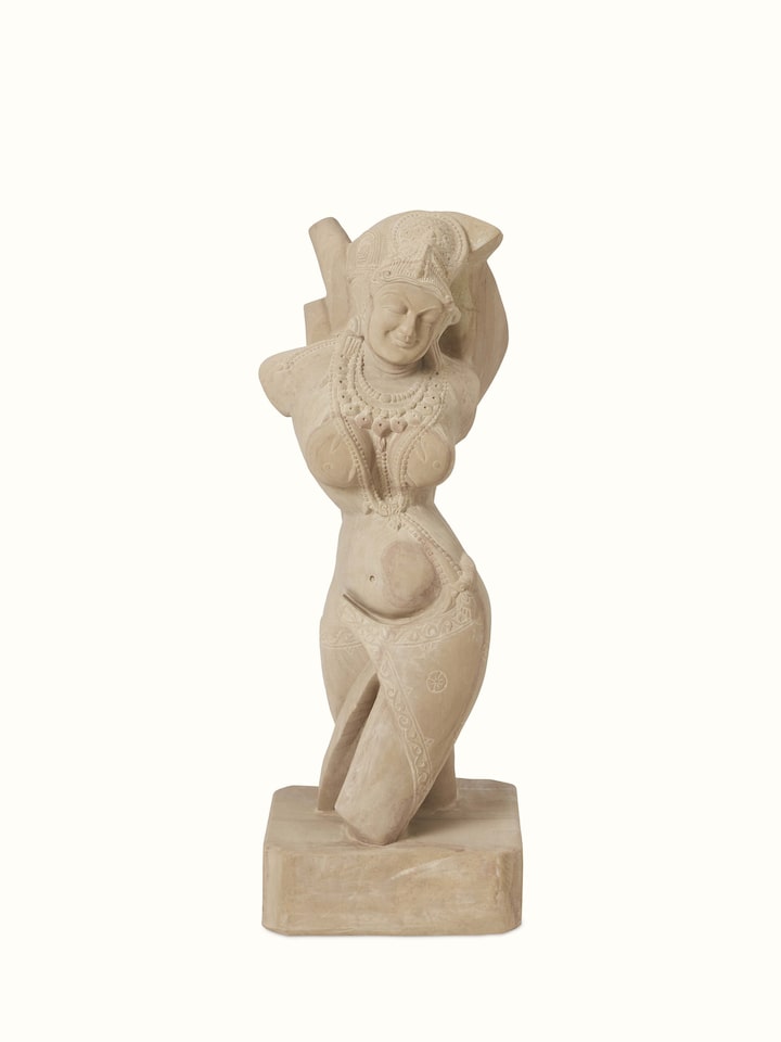 Front view of Gorgeous Gwalior carved stone apsara sculpture, showcasing intricate stone carvings and traditional artistry.