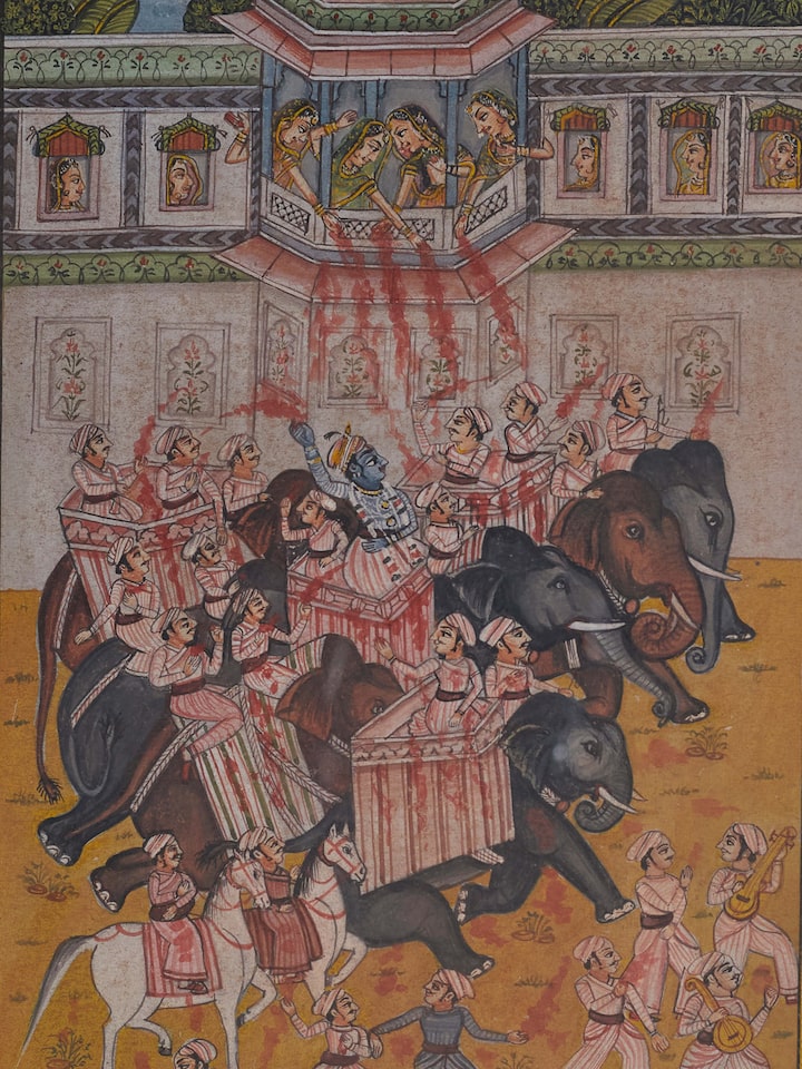 Detailed view of Pichwai Geet Govindam Painting set (12 pieces), highlighting the vibrant colors and spiritual themes.