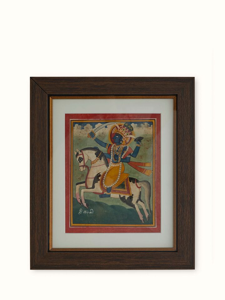 Detailed view of Pichwai Vishnu Avatar Painting emphasizing the ornate decorations and vibrant colors surrounding Lord Vishnu