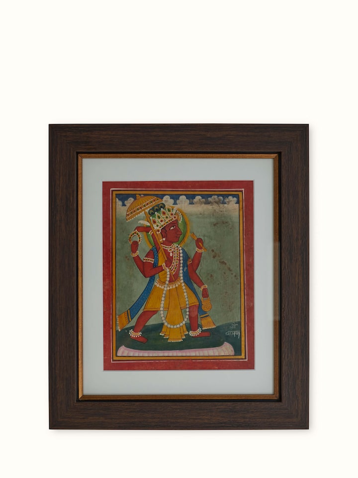 Back view of Pichwai Vishnu Avatar Painting showcasing the intricate patterns and flowing elements behind Lord Vishnu