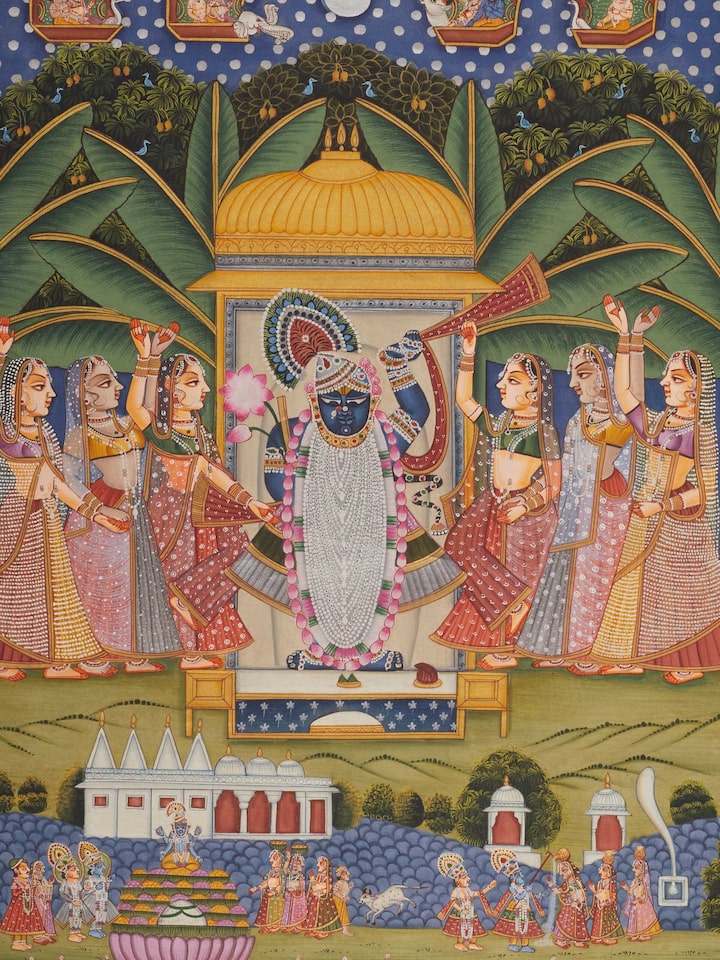 Detail view of Pichwai Radiant Sharat Poornima Painting highlighting the fine brushwork and traditional elements.