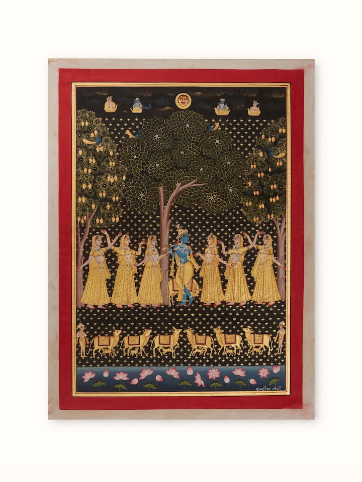 Pichwai Gopis dancing painting featuring colorful traditional attire and lively dance poses.