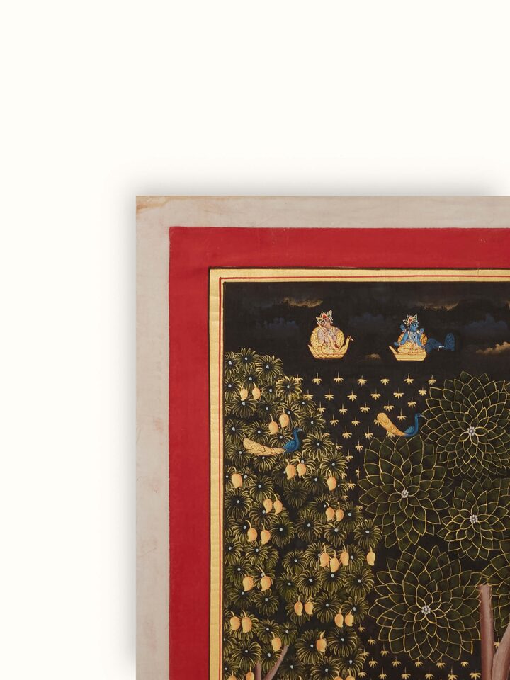Side view of Pichwai Gopis dancing painting, showcasing the traditional artistic style and lively depiction of dance.