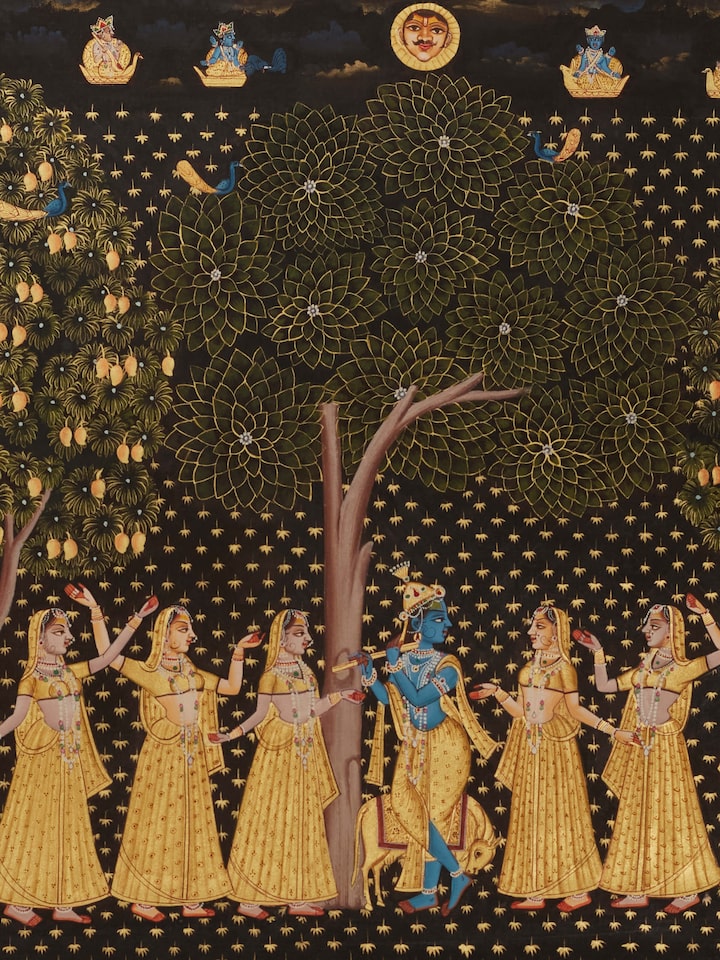 Detailed view of Pichwai Gopis dancing painting, highlighting the intricate details and vibrant colors.