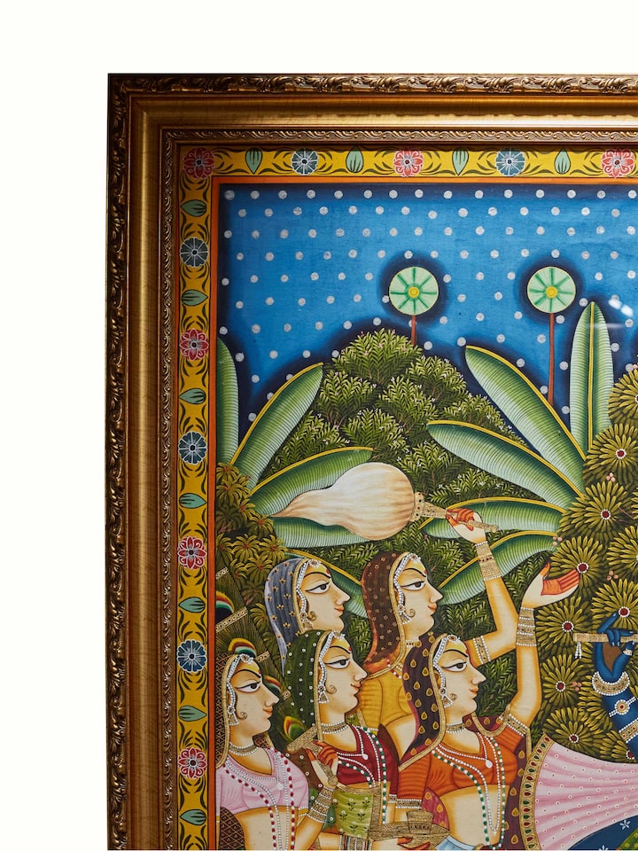 Close-up of Pichwai Janmotsav painting highlighting intricate designs and fine details.