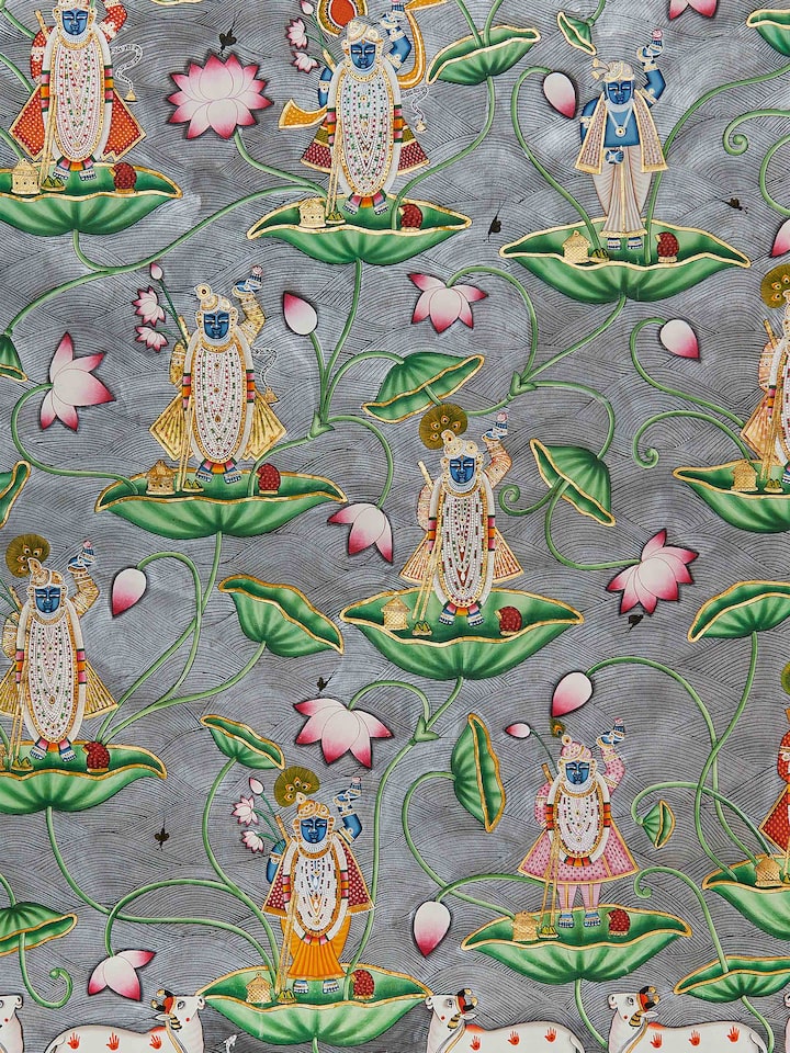 Close-up of Pichwai 12 Darshan Shreenathji & Jal Kamal focusing on the artistic details and texture.