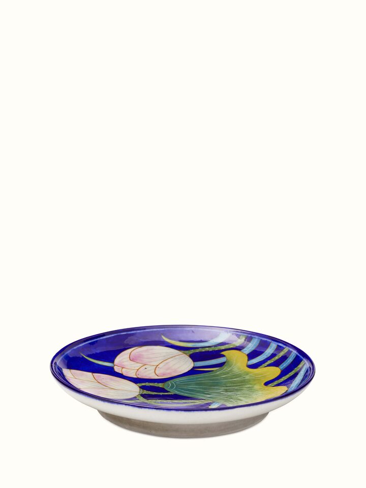 Close-up view of Blue Pottery Lotus with Leaf Display Plate by Swadesh displaying the fine hand-painted details and floral pattern.