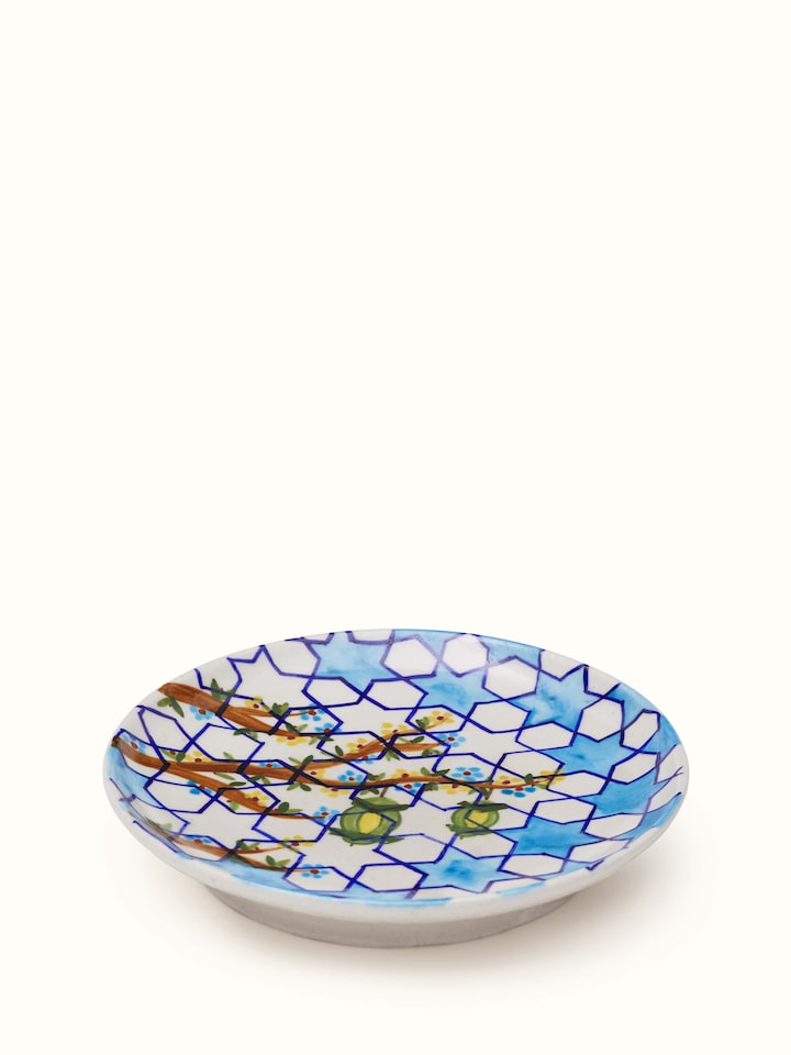 Overhead view of Blue Pottery Hexagonal Pattern Display Plate by Swadesh displaying the unique hexagonal pattern and intricate pottery.