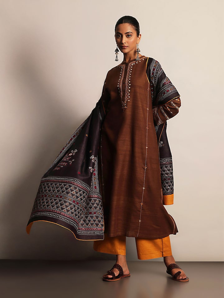 Brown Silk Desert Embroidered Kurta