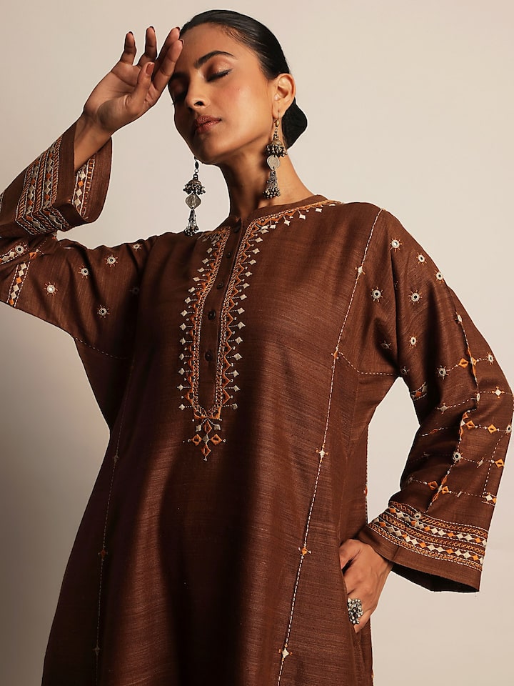 Brown Silk Desert Embroidered Kurta