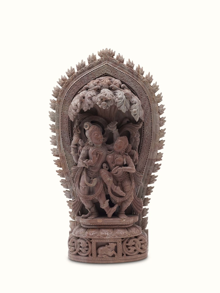 Front view of Carved Stone Dance of Radha & Krishna Idol, showcasing the intricate carving and details of the figures