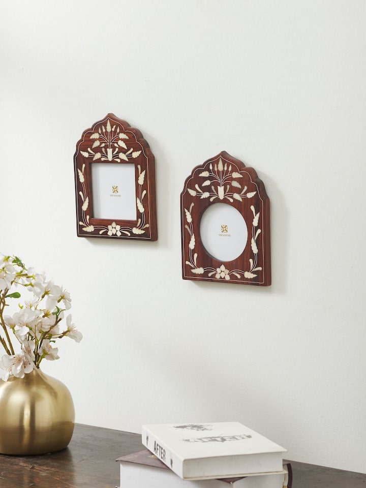 Side view of Natural Sheesham Wood & Bone Inlaid Photo Frames (2 pcs), highlighting the detailed woodwork and inlay