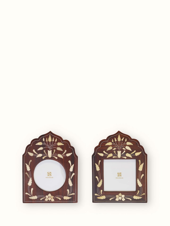 Close-up view of Natural Sheesham Wood & Bone Inlaid Photo Frames (2 pcs), focusing on the bone inlay details