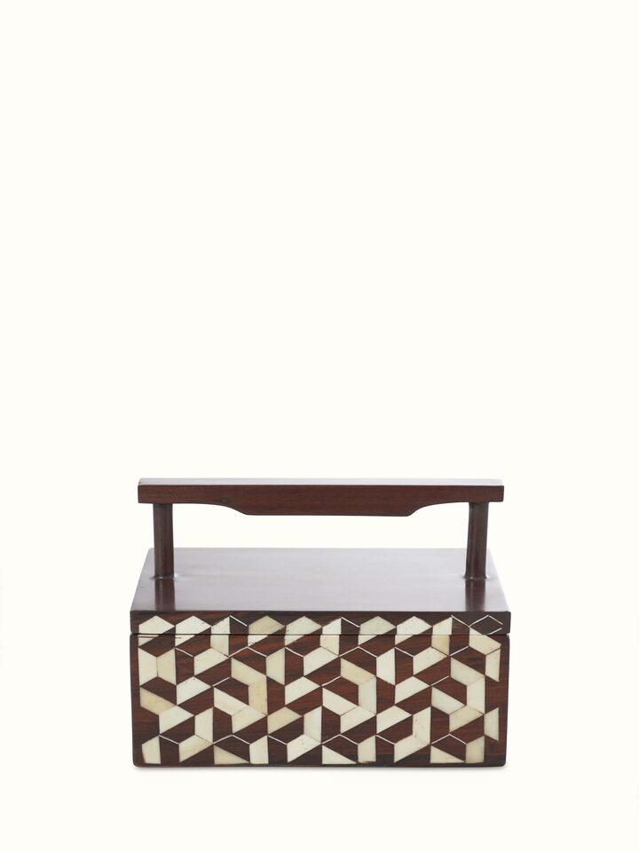 Front view of Natural Sheesham Wood & Bone Inlaid Storage Organiser, showcasing its intricate bone inlay and elegant wood finish.