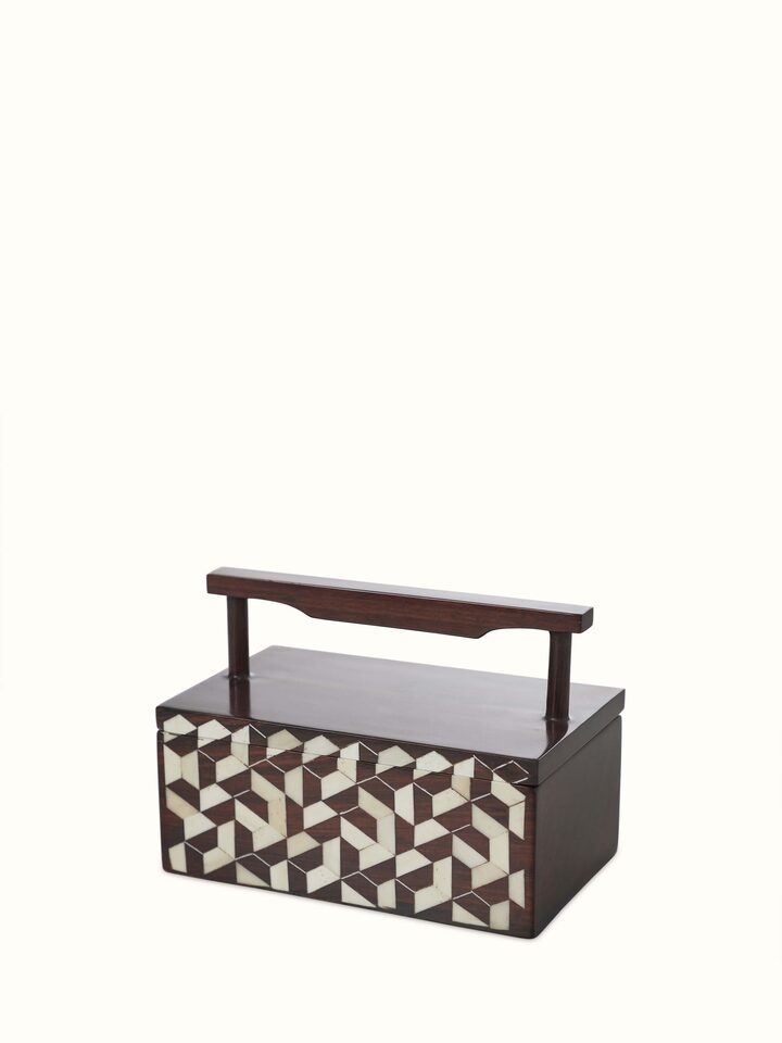 Close-up of Natural Sheesham Wood & Bone Inlaid Storage Organiser, focusing on the fine bone inlay patterns and wood grain.