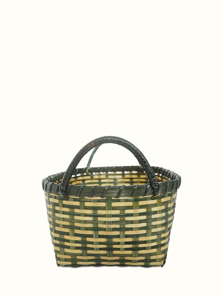 Front view of bamboo storage organiser in green, highlighting the design and functionality.