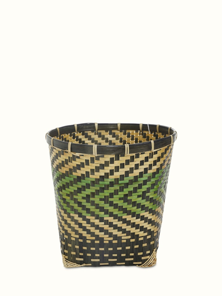 Front view of Bamboo Waste Bin in green color, showcasing the eco-friendly bamboo material and functional design