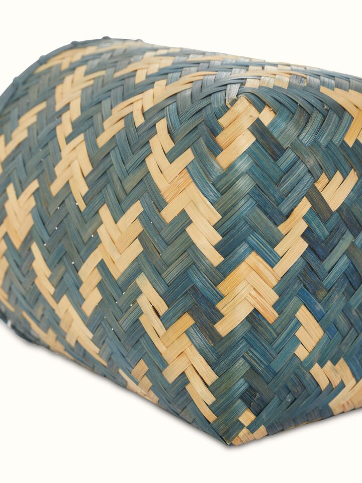 Top view of Bamboo Waste Bin in blue color, displaying the opening and overall design