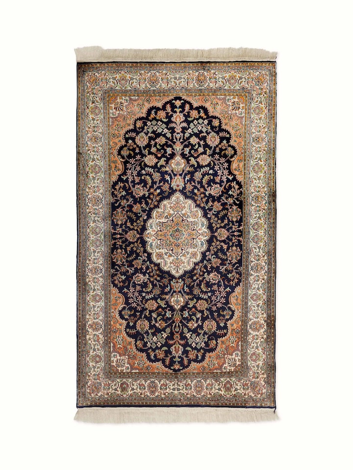 Front view of Traditional Persian Navy Rust Kashan Kashmir Silk Hand-Knotted Carpet displaying intricate patterns