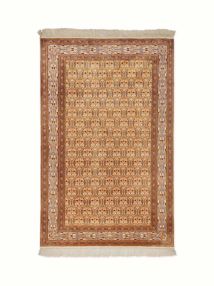 Front view of Traditional Persian Ivory Senna Kashmir Silk Hand-Knotted Carpet showcasing intricate floral patterns and luxurious silk texture