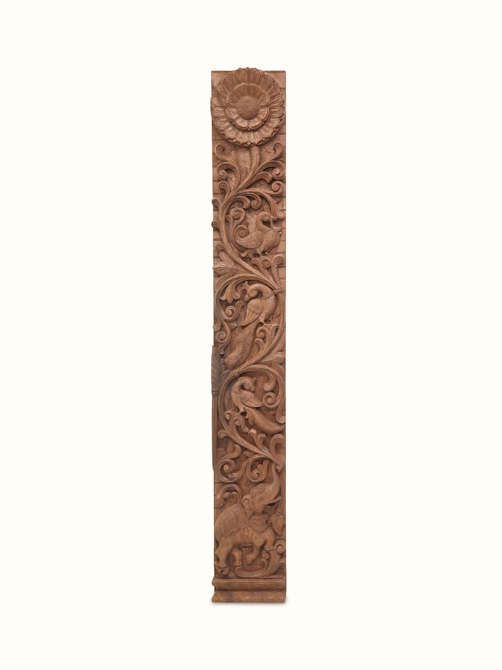 Front view of Carved Neem Wood Peacock & Elephant Panel highlighting the intricate carvings of peacock and elephant.