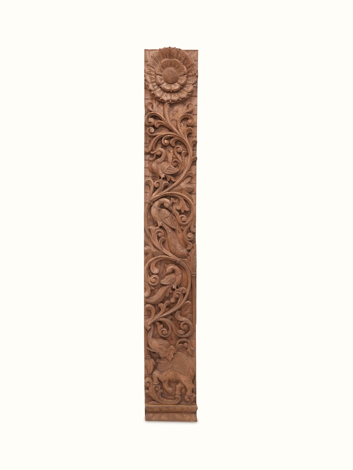 Side view of Carved Neem Wood Peacock & Elephant Panel showing the depth and detail of the carvings.