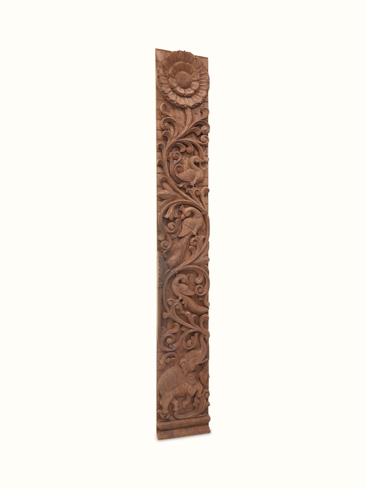 Alternate view of Carved Neem Wood Peacock & Elephant Panel showcasing the overall design and carved elements.