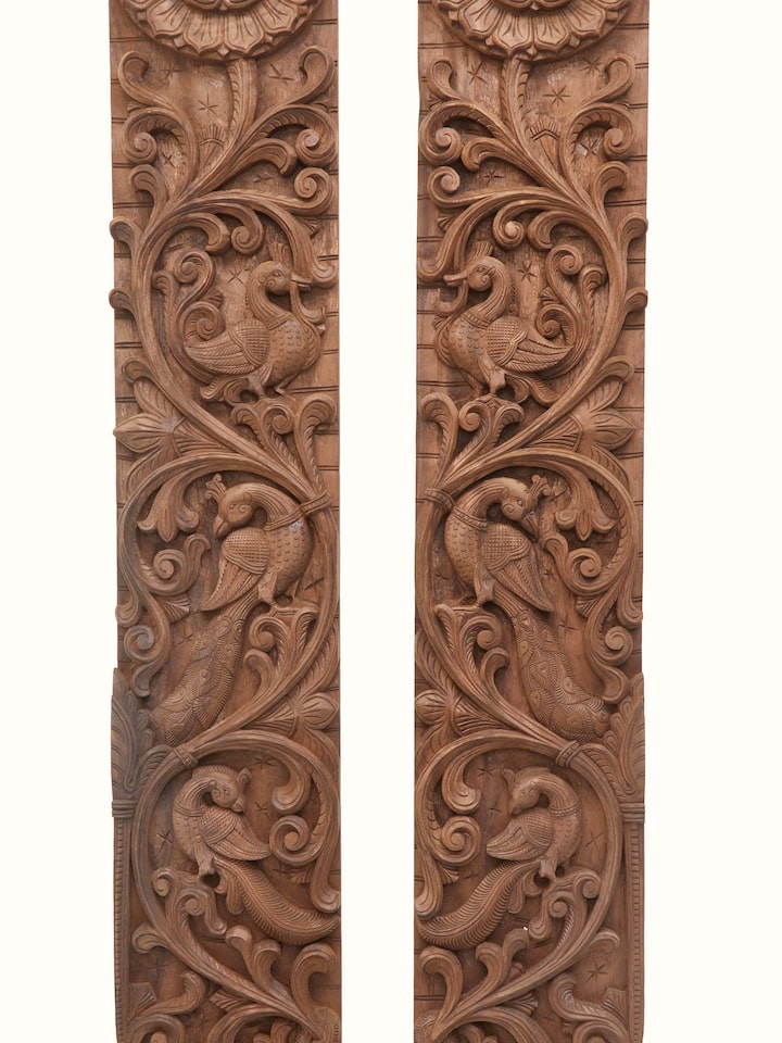Detailed view of Carved Neem Wood Peacock & Elephant Panel highlighting the fine details and artistic carvings.
