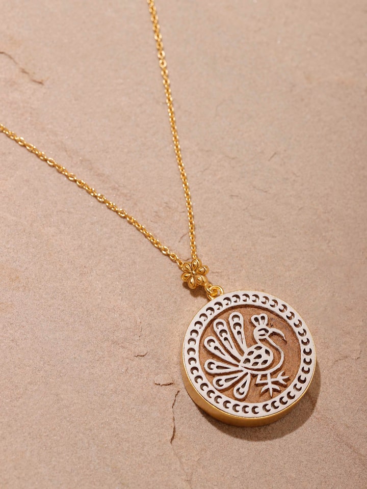 Detailed view of Teakwood Pendant and Chain highlighting the wood's grain and the chain's design