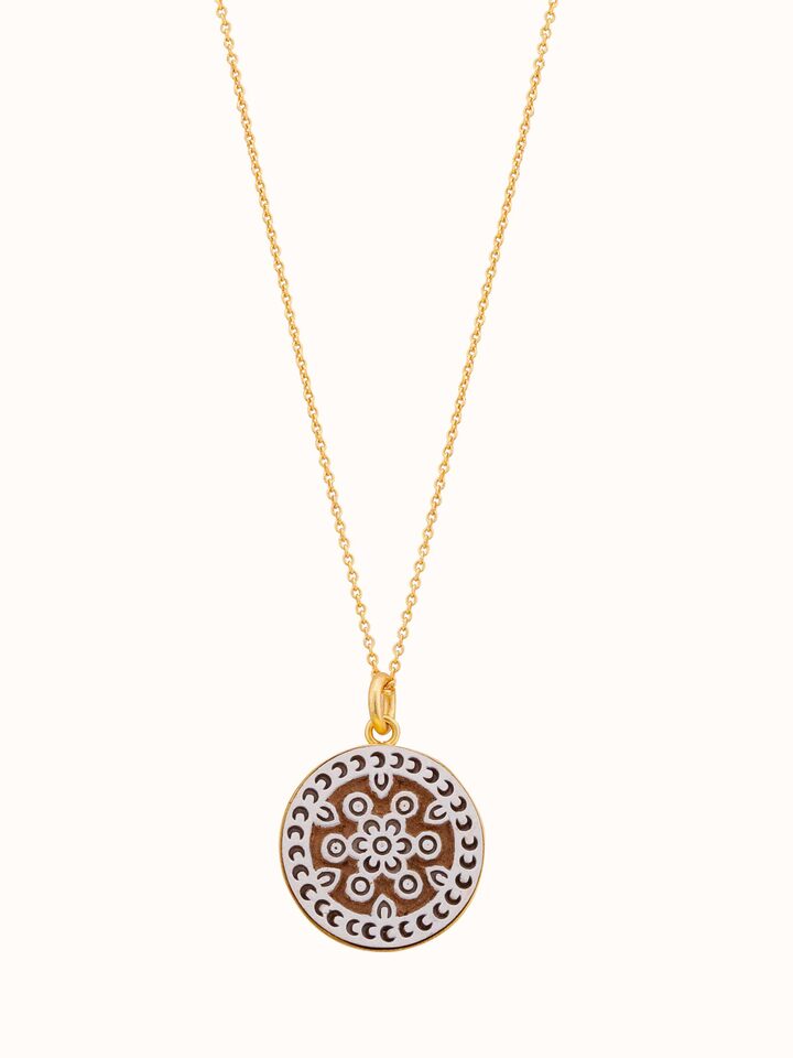 Front view of Teakwood Pendant & Chain showcasing natural wood texture by Swadesh