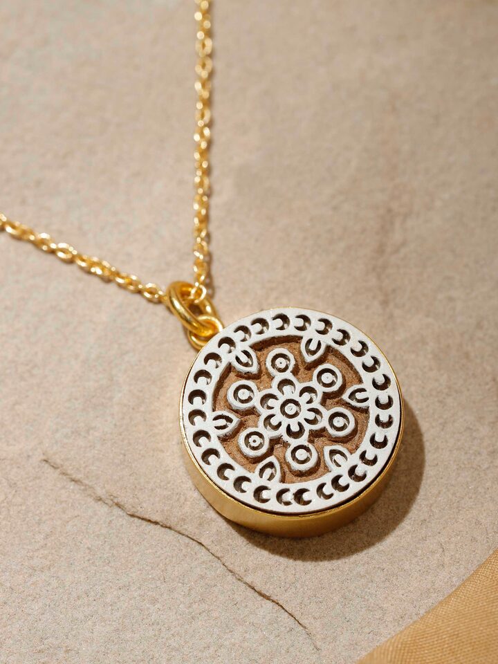 Close-up of Teakwood Pendant & Chain highlighting its craftsmanship and wood finish by Swadesh