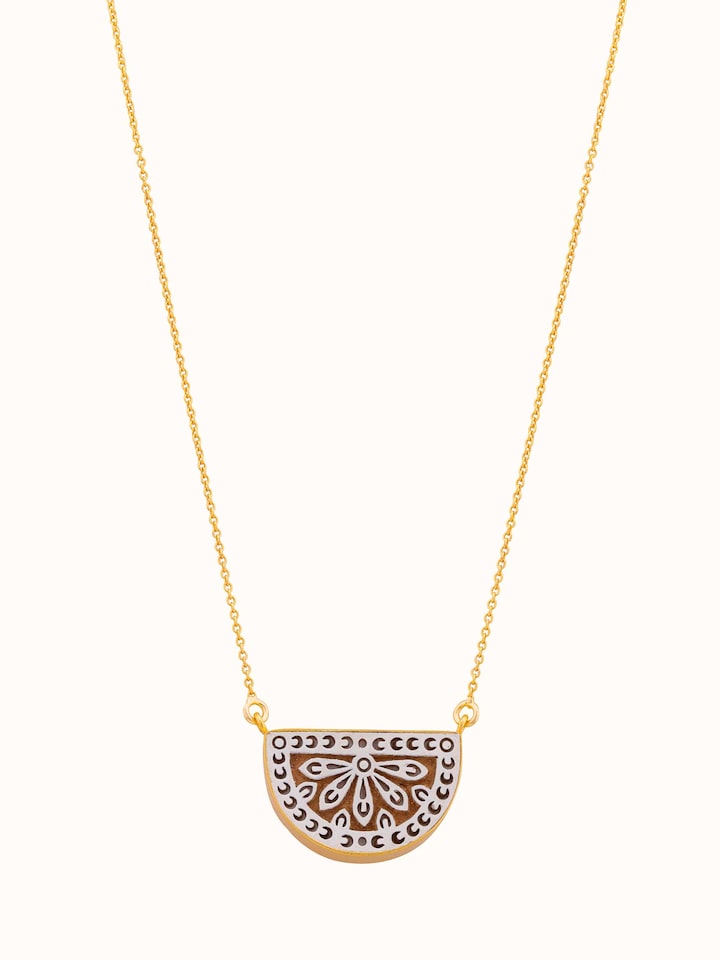 Front view of Teakwood Pendant & Chain highlighting natural wood texture by Swadesh